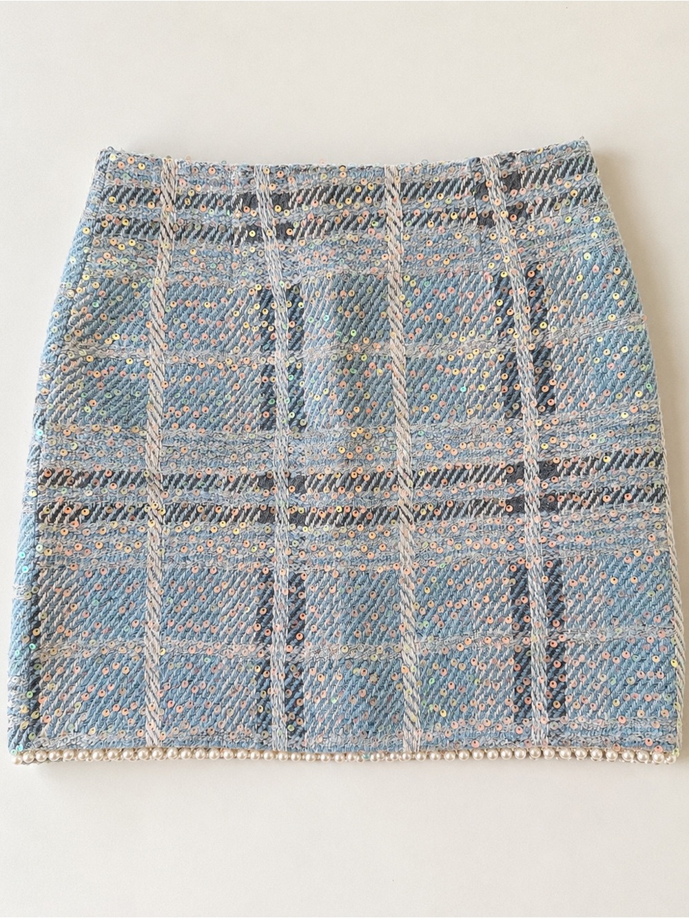 Sequined Light Blue Tweed Mini Skirt with Pearl Trim